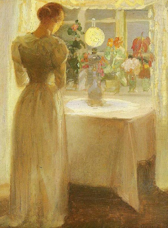ung pige foran en tandt lampe, Anna Ancher